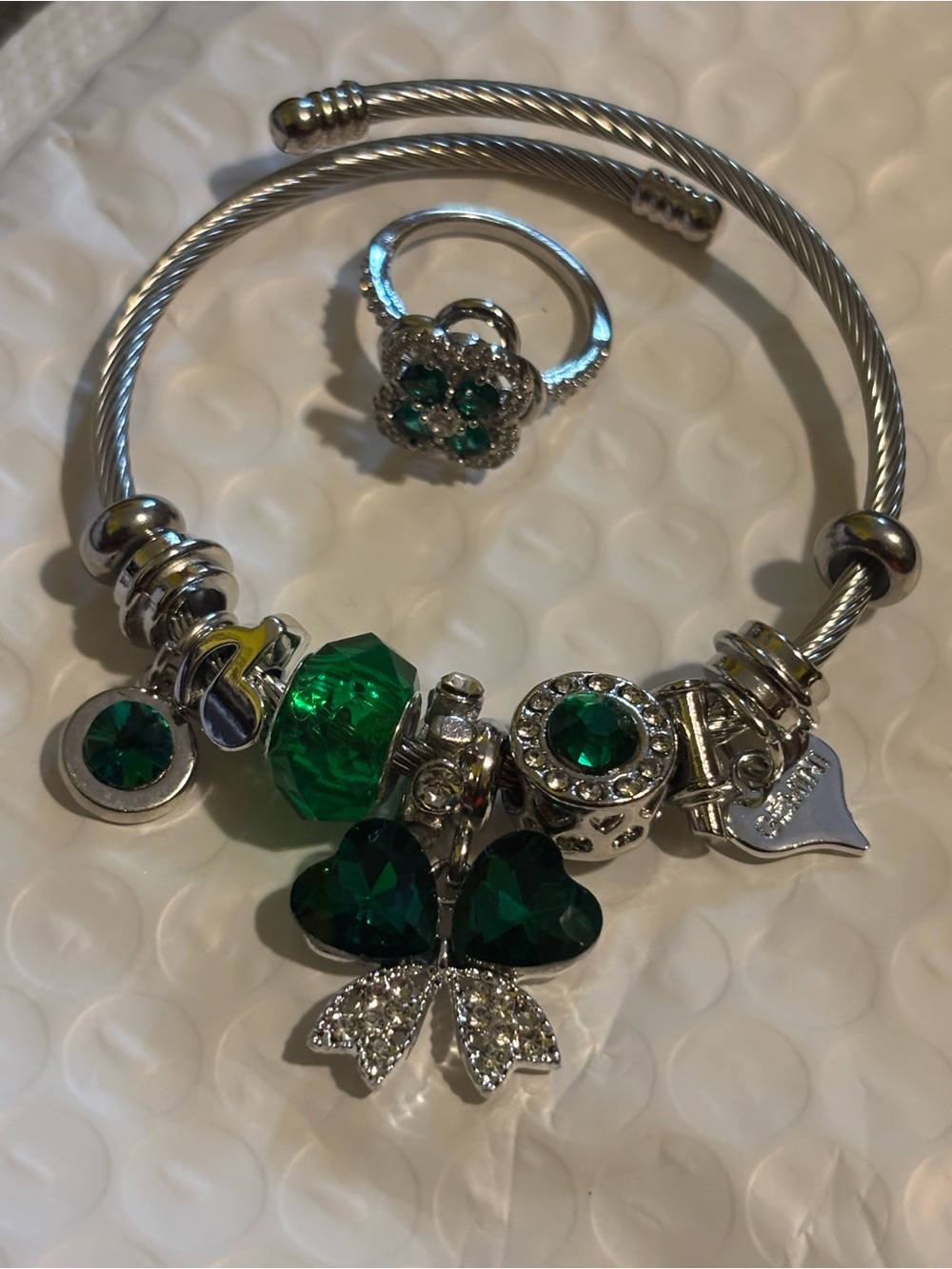Silver-Tone Green Crystal Shamrock Charm Bracelet